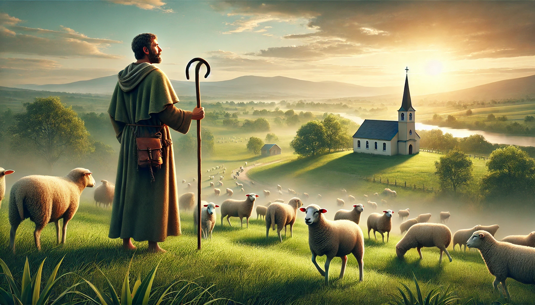 A shepherd watching over a flock of sheep in a serene countryside setting.