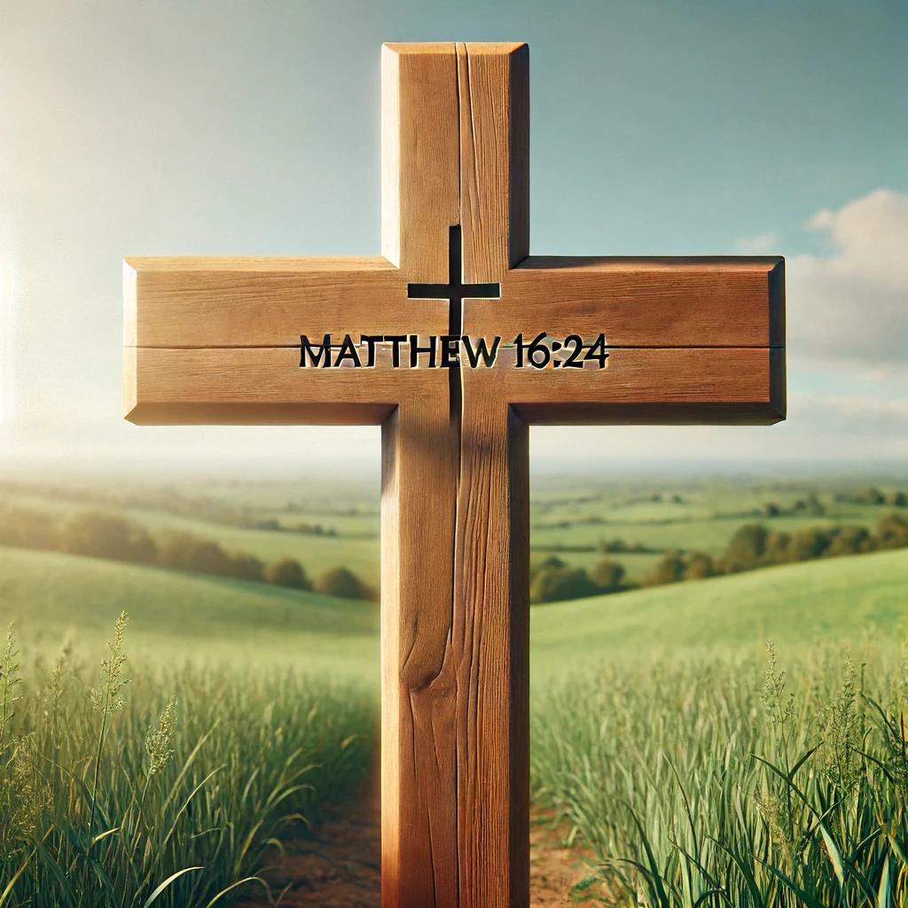 A simple wooden cross with the verse 'Matthew 16_24' inscribed on it.