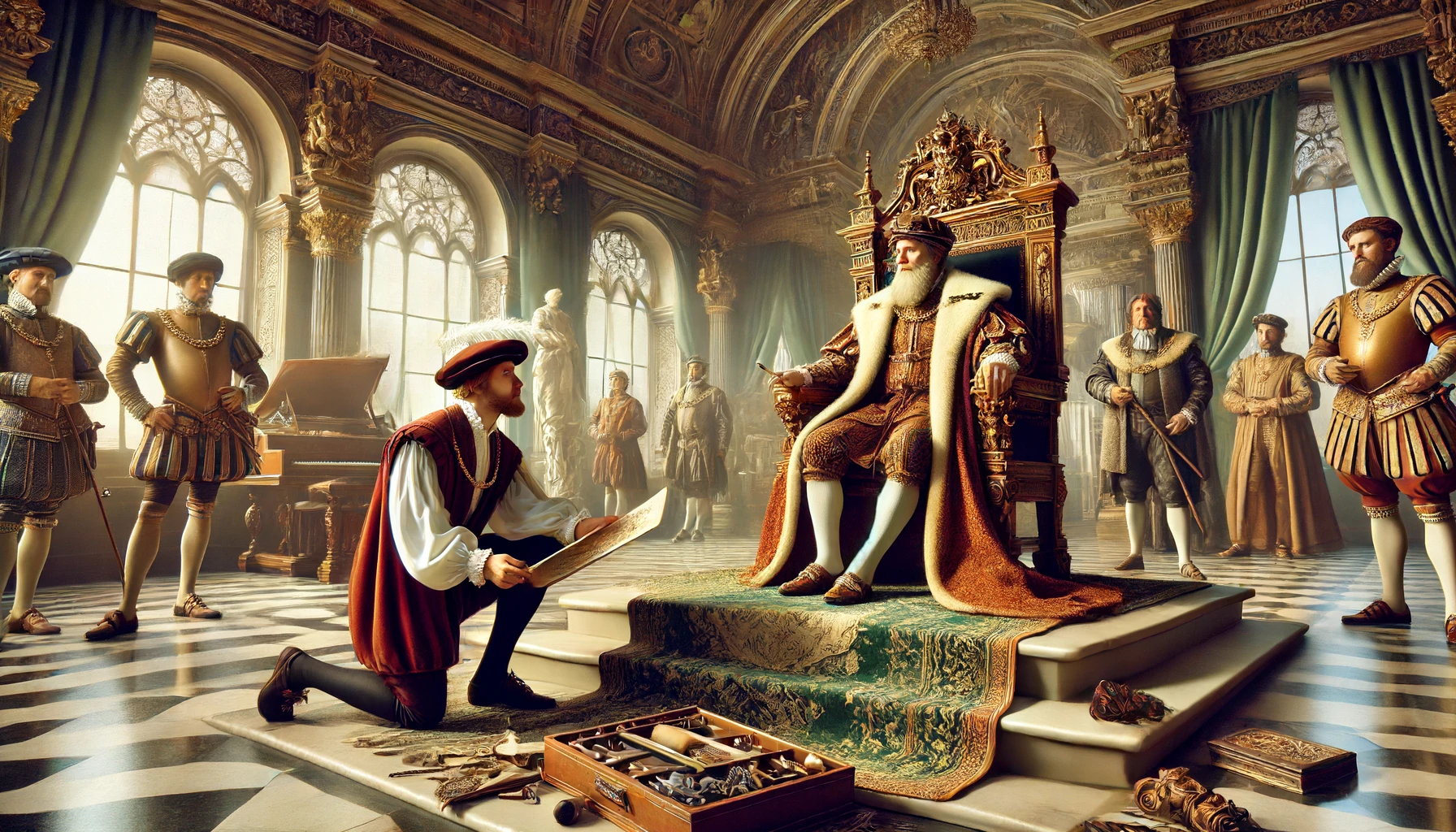 A skilled craftsman presenting his work to a king in a grand hall.