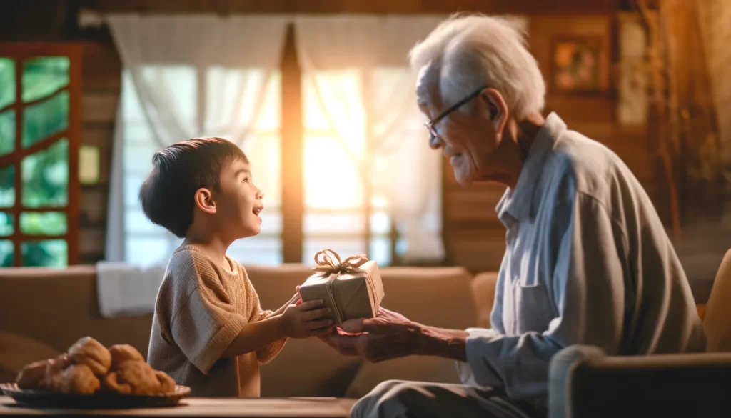 A small child eagerly giving a simple, handmade gift to an elderly person.
