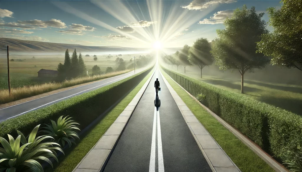 A straight, well-defined path stretching forward into a clear, bright horizon, symbolizing a righteous path.