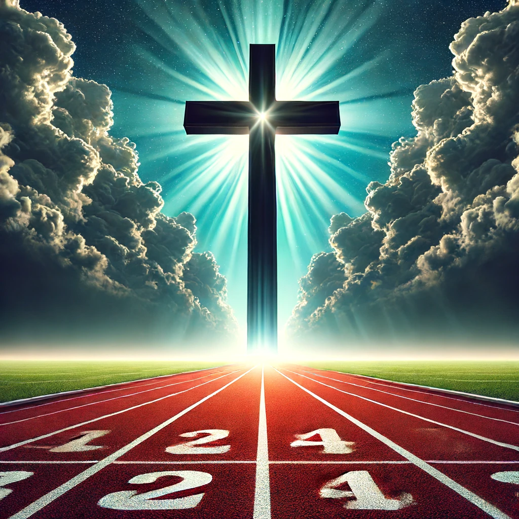 A track with a large cross at the finish line, representing the ultimate goal of faith and perseverance.