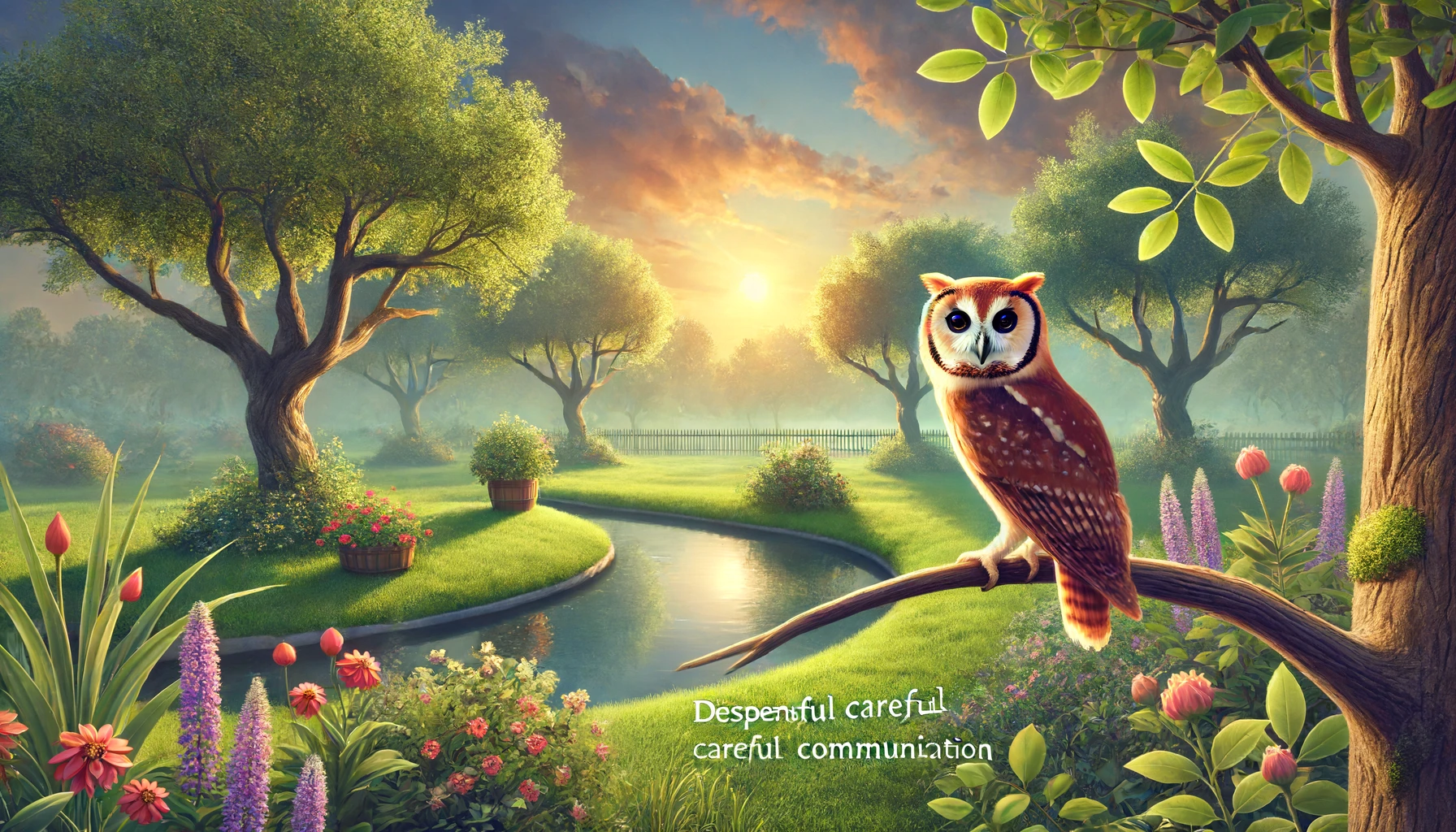 A tranquil garden with a wise-looking owl perched on a branch, overlooking a peaceful pond at sunrise.