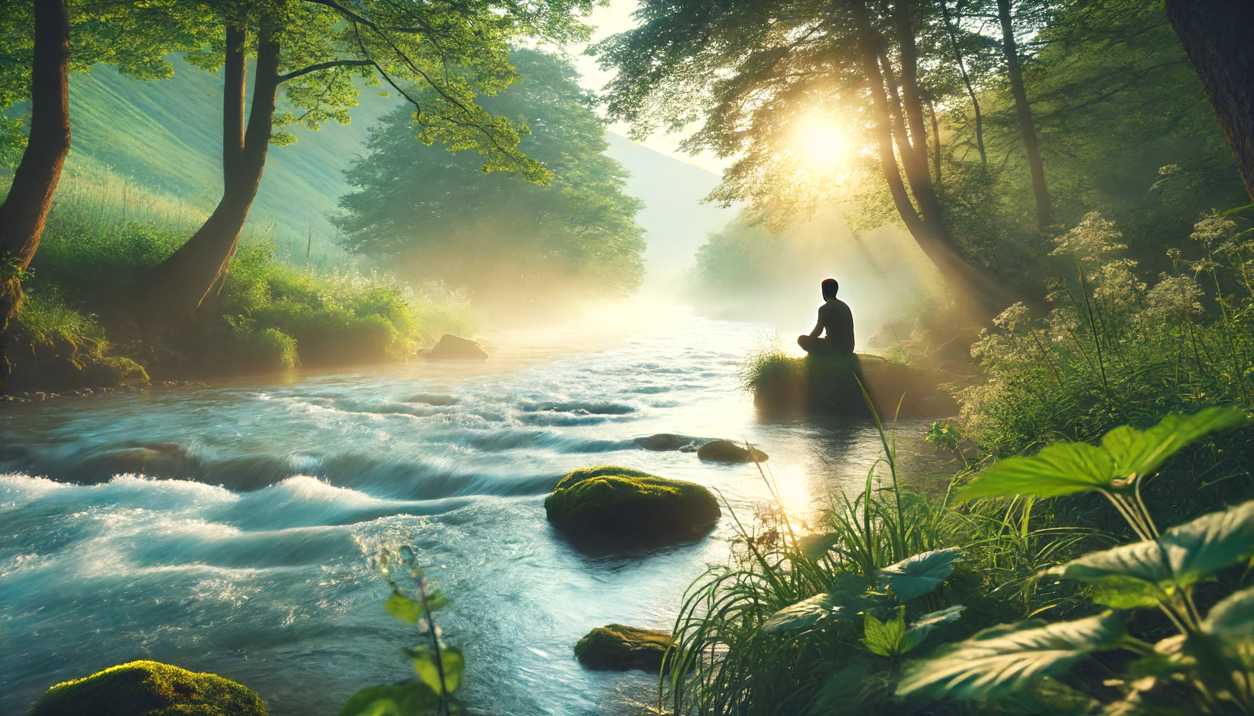 A tranquil scene of a person in quiet reflection by a river.