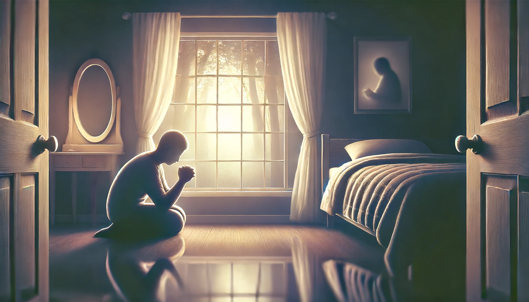 A tranquil scene showing a person in deep prayer, kneeling beside a bed or in a small, quiet room.