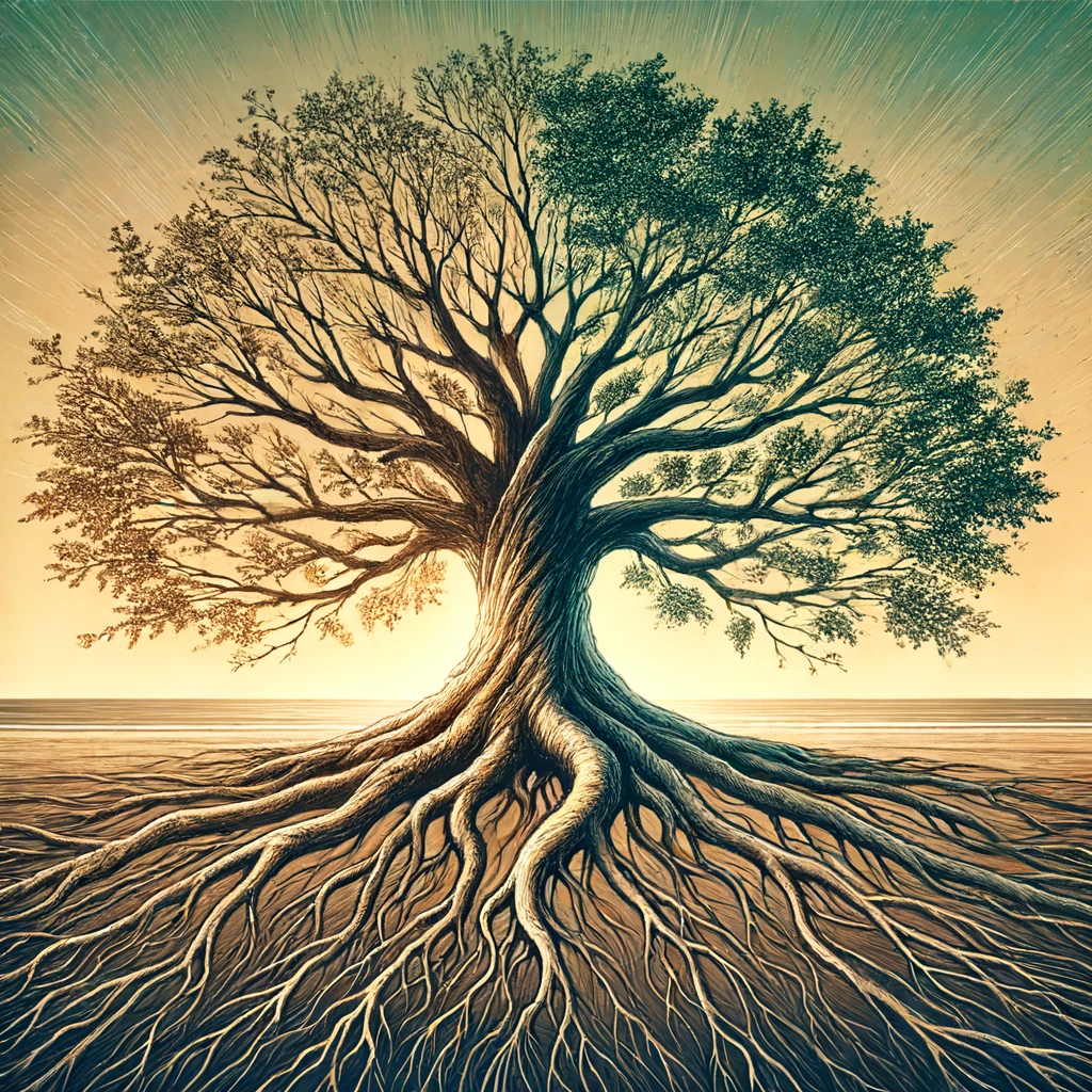 A tree with strong, deep roots and branches spanning a wide distance.