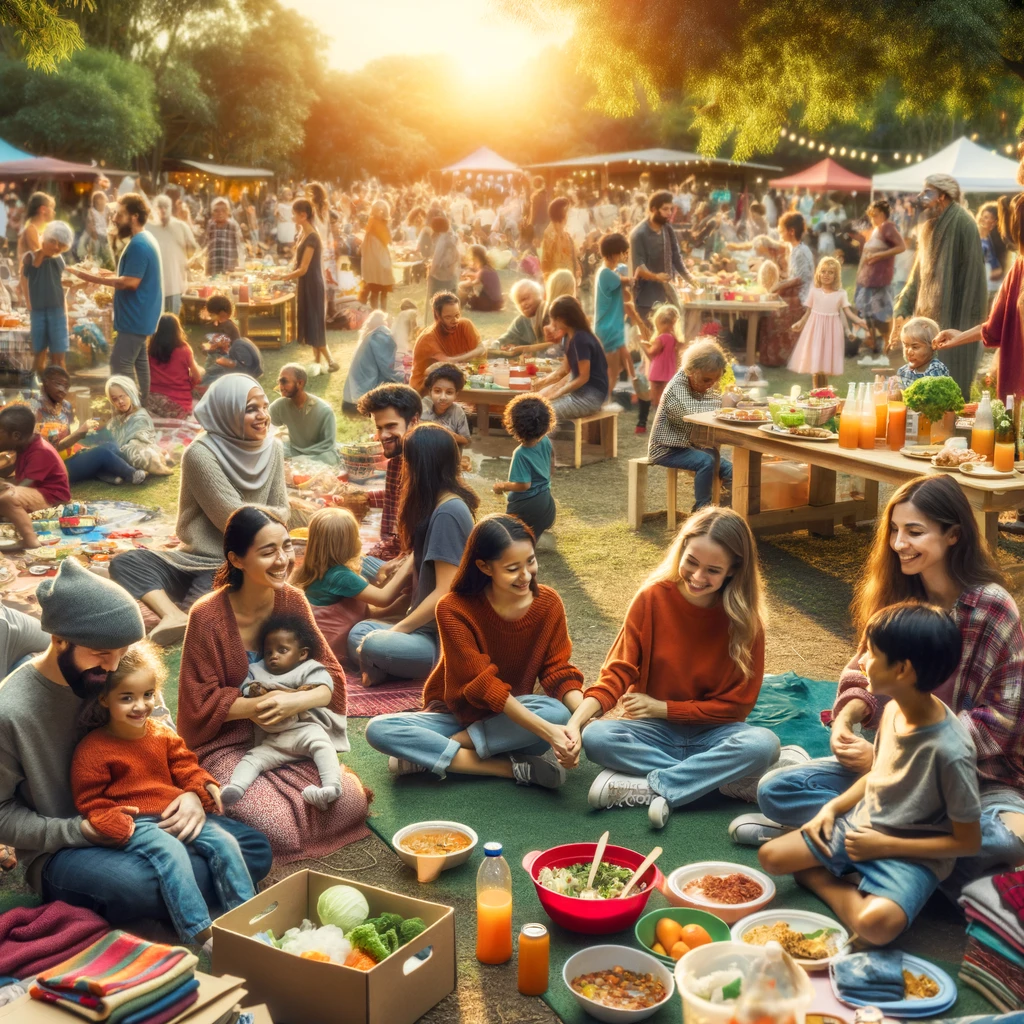 A vibrant community gathering in a park, where people of different backgrounds share food, clothes, and smiles.