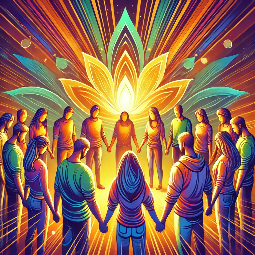 A vibrant illustration of a group of people holding hands in prayer, standing in a circle.