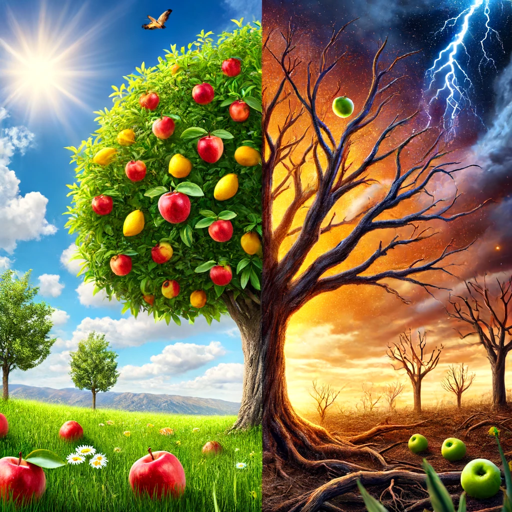 A vibrant tree standing tall with healthy fruit on one side, while on the other side, a withered tree with no fruit.