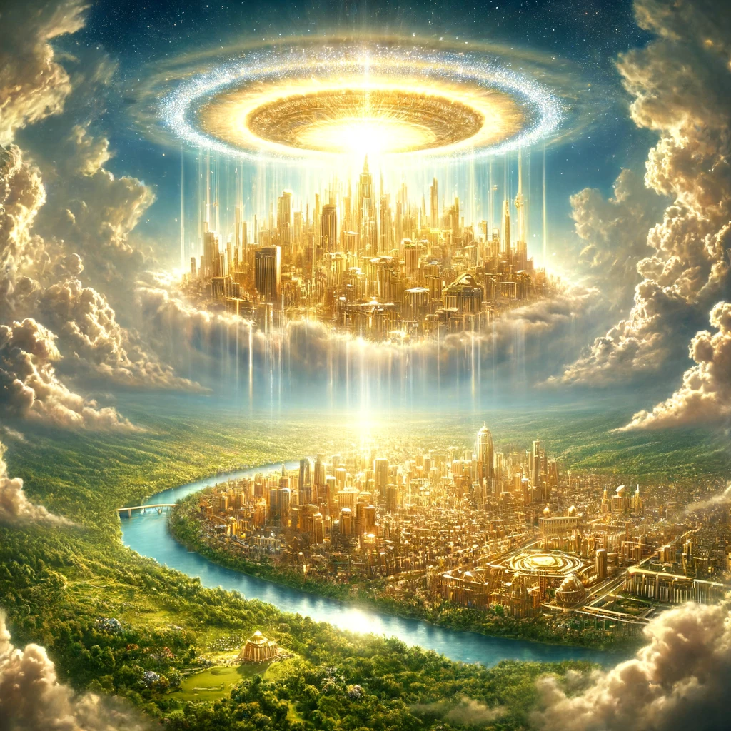 A vision of the new Jerusalem descending from the clouds, beautifully adorned, with radiant light shining from it.