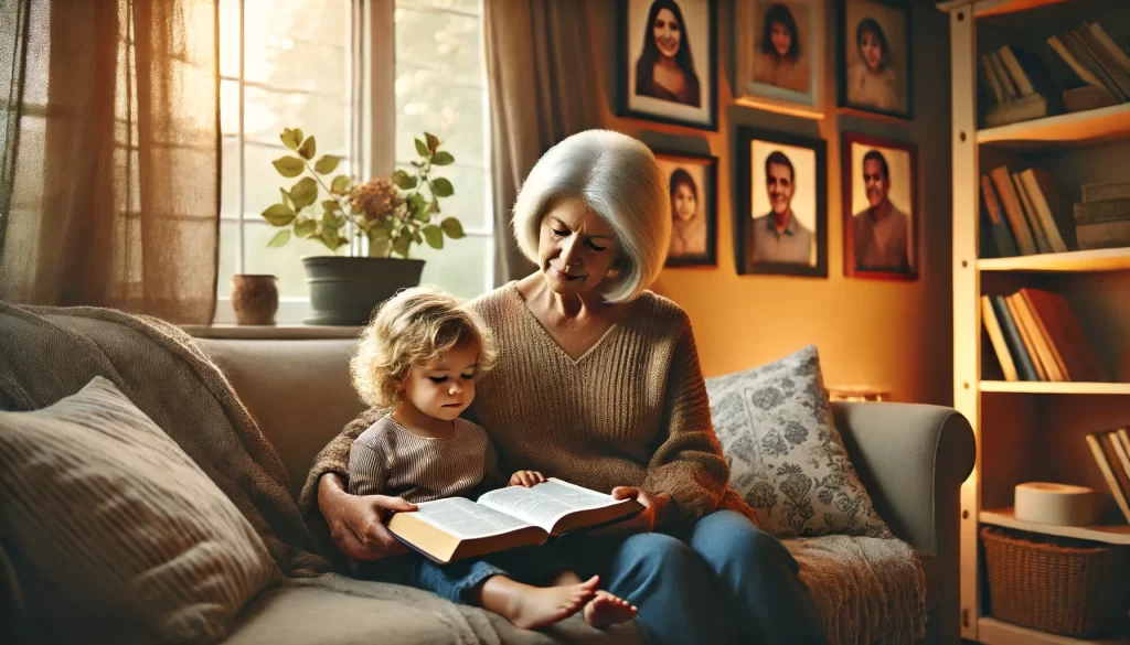 A warm, homey living room scene where a grandmother with gray hair is sitting on a sofa, holding an open Bible.