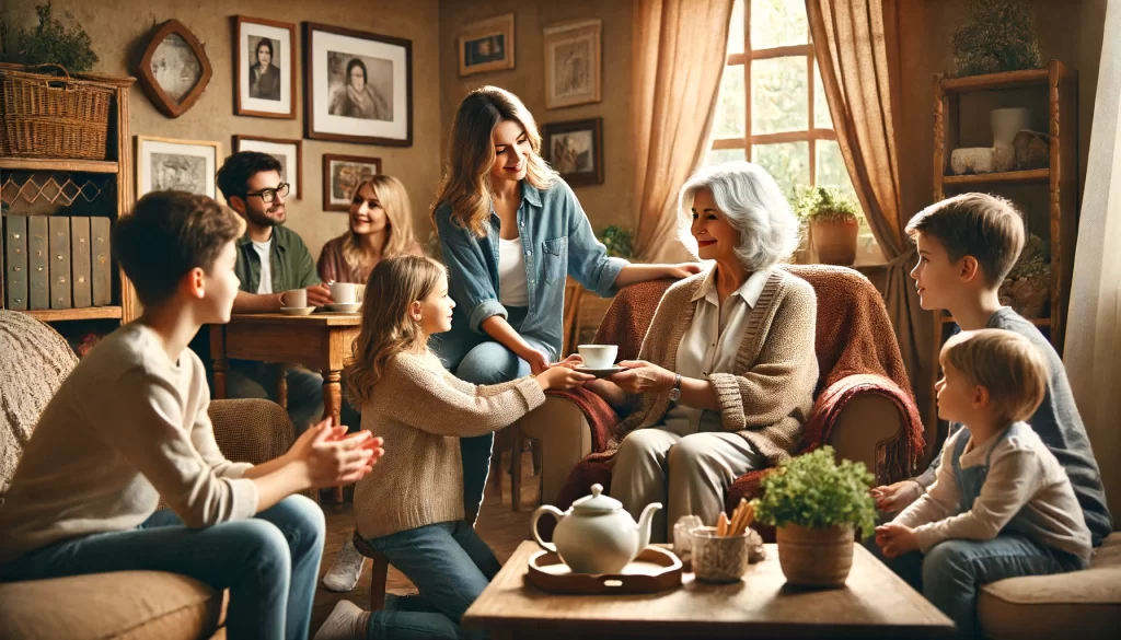 A warm, inviting living room with a grandmother sitting in an armchair, surrounded by her children and grandchildren.