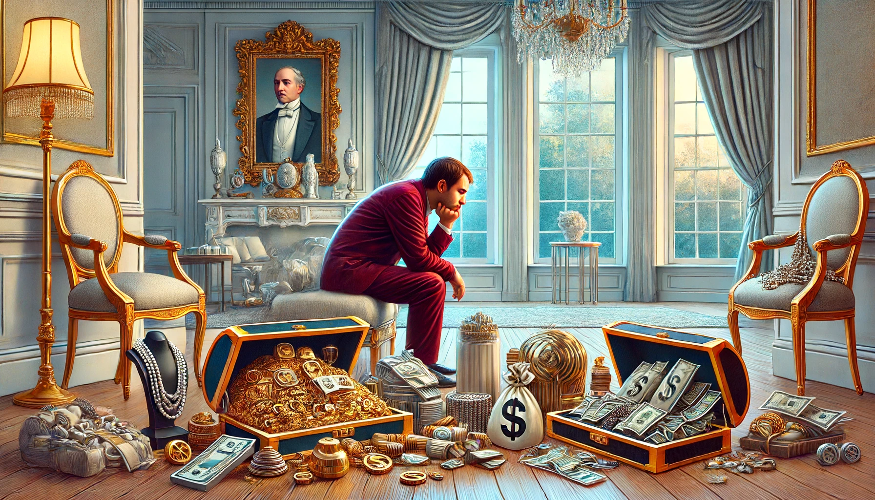 A wealthy person surrounded by luxurious items, but looking dissatisfied and empty.