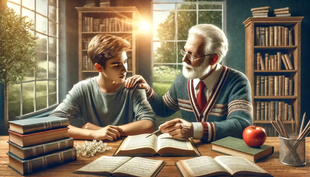 A wise elderly man and a young student sitting at a table covered with books and notes.