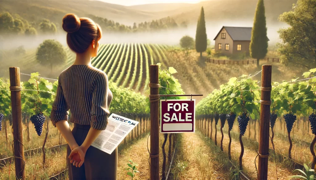 A woman standing in a field, looking thoughtfully at a plot of land with a 'For Sale' sign.