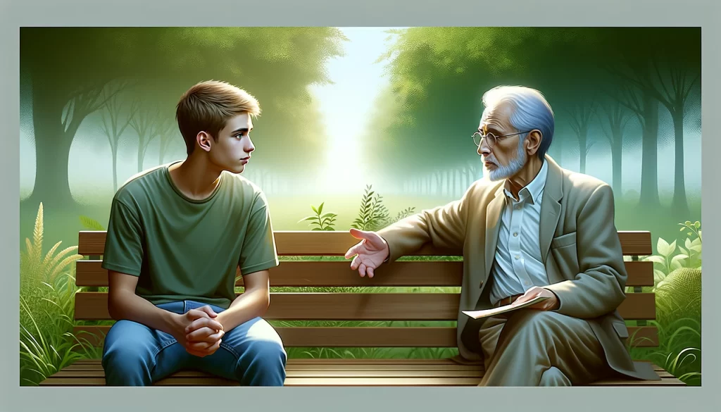 A young man listening intently to an older man, who is speaking with a gentle and wise expression.