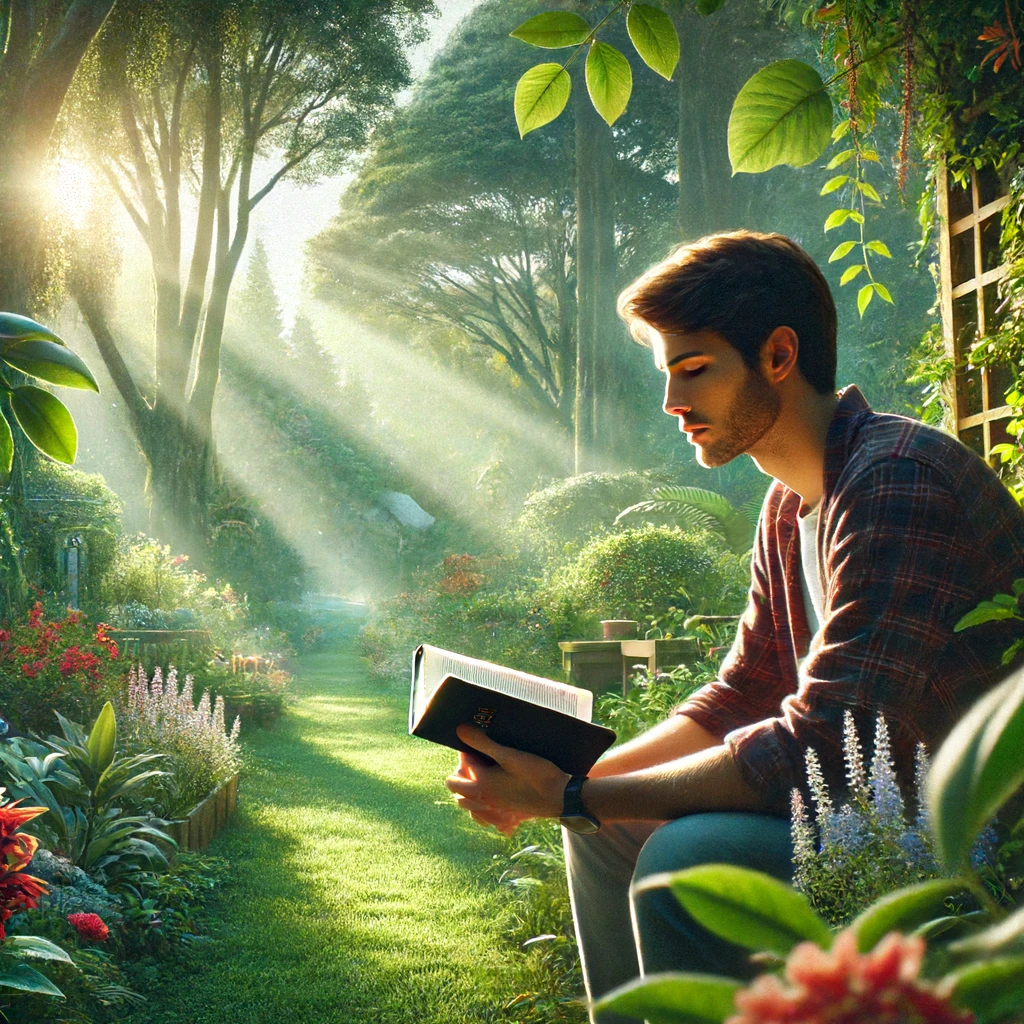 A young man reading a Bible in a peaceful garden.