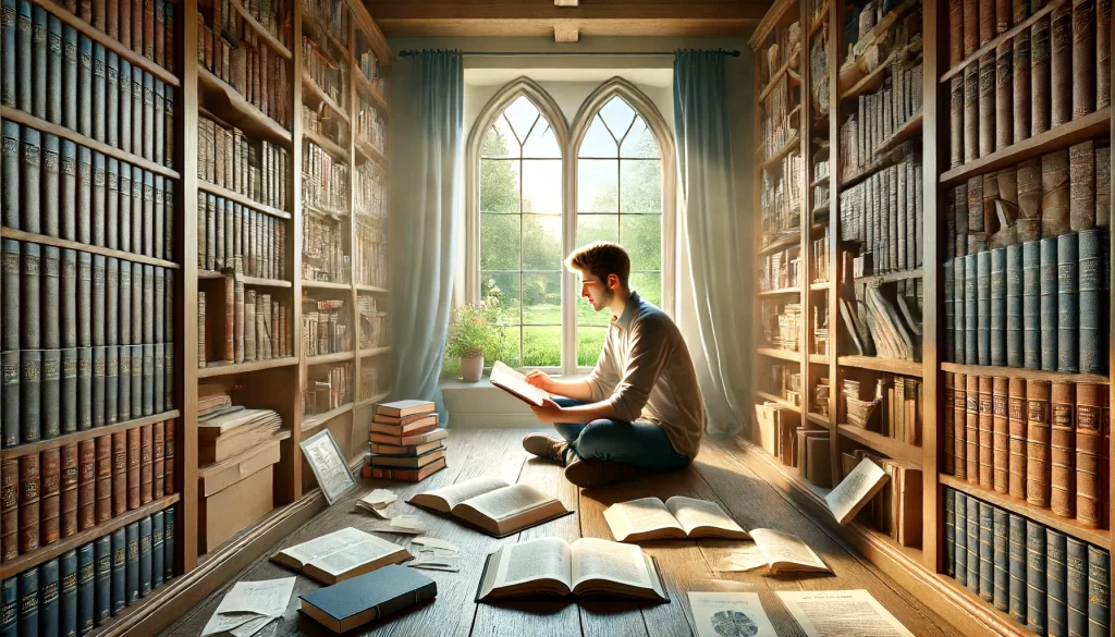 Man sitting in library looking at books.