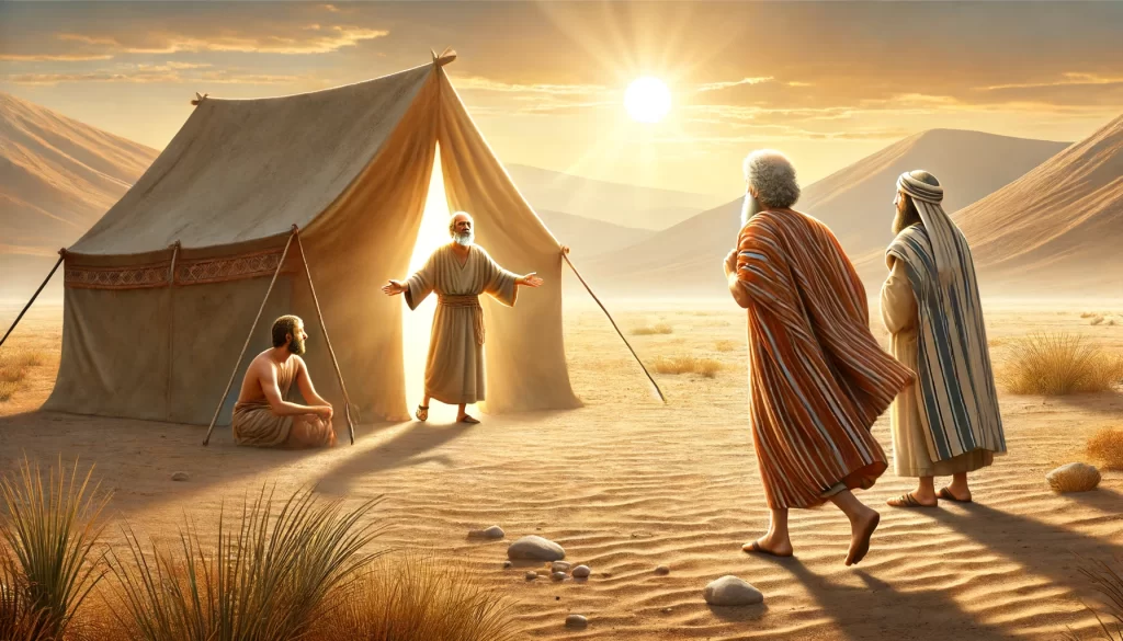 Abraham encountering three men near his tent in a desert setting.