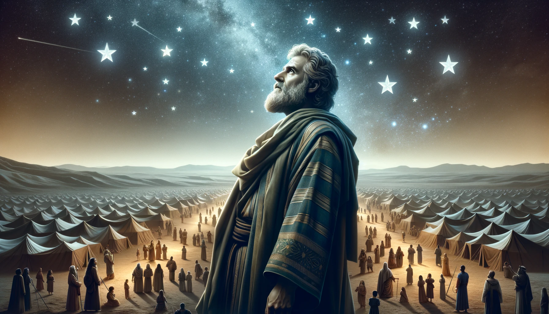 Abraham standing under a starry sky, looking up with awe and reverence.