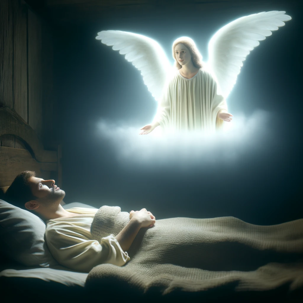 An angel appearing to Joseph in a dream, glowing softly with a divine light.