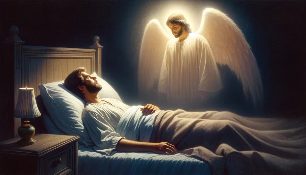 An angel of the Lord appearing to Joseph in a dream.