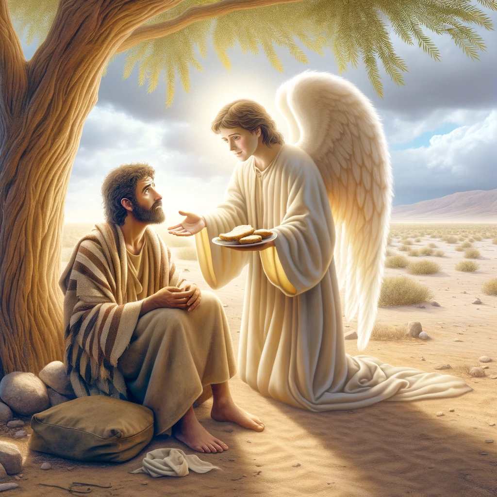 An angel offering bread and water to Elijah under a broom tree in a desert setting.