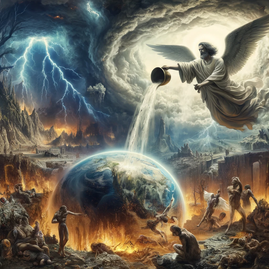 An angel pouring a bowl of wrath on the earth, depicting divine judgment.