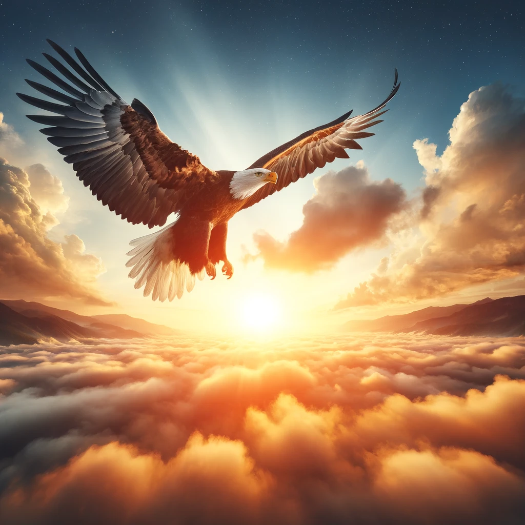 An eagle soaring high in the sky with outstretched wings.