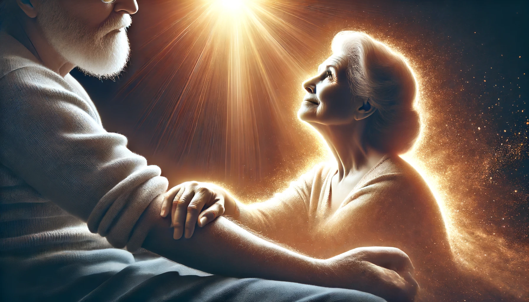 An elderly person being comforted and strengthened by God's light, symbolized by glowing woman.