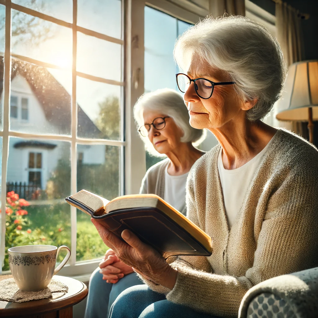 An elderly woman reading a Bible with her wife by a window with sunlight streaming in.