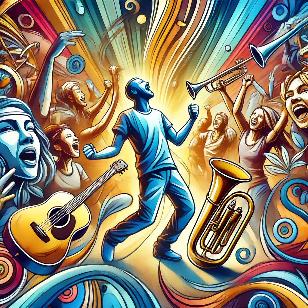 An energetic image of people dancing and playing musical instruments in a lively worship setting.