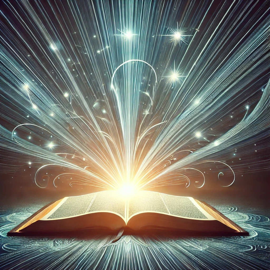 An image of an open Bible with rays of light emanating from it.