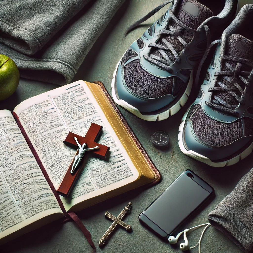 An open Bible next to a pair of running shoes, highlighting the integration of faith and physical activity.