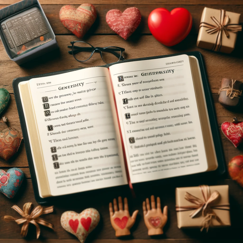 An open Bible on a wooden table, with several verses about generosity highlighted.