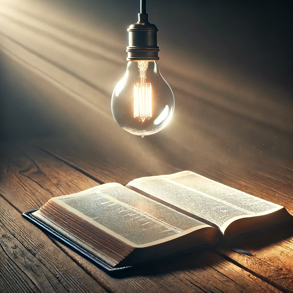 An open Bible with a light shining down on it, placed on a wooden table.