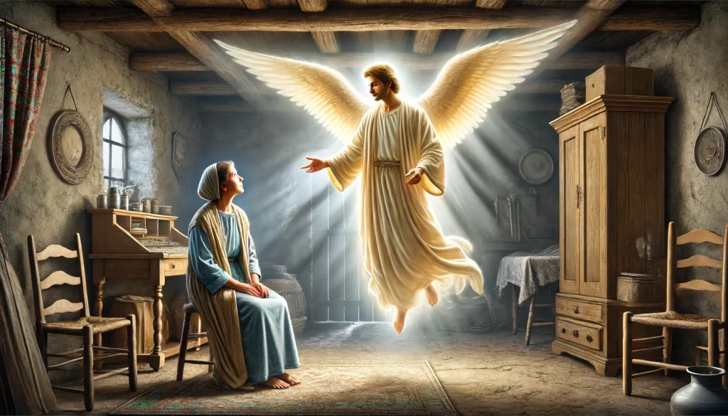 Angel Gabriel appearing to Mary in her home in Nazareth.