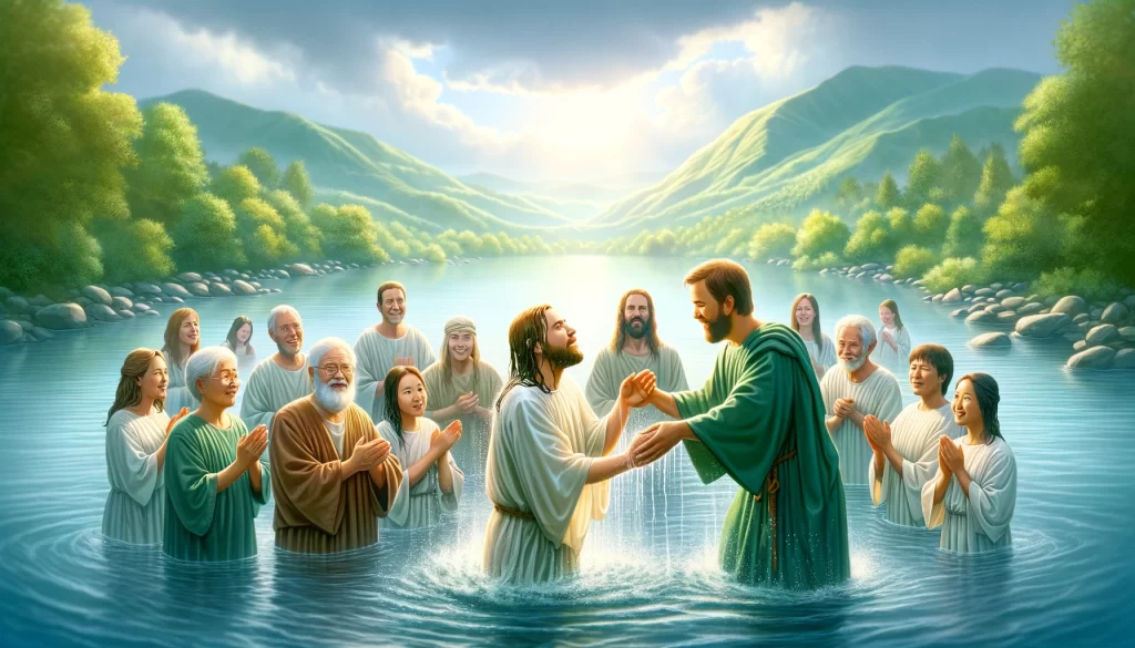 Depict a diverse group of people being baptized in a river by an apostle.
