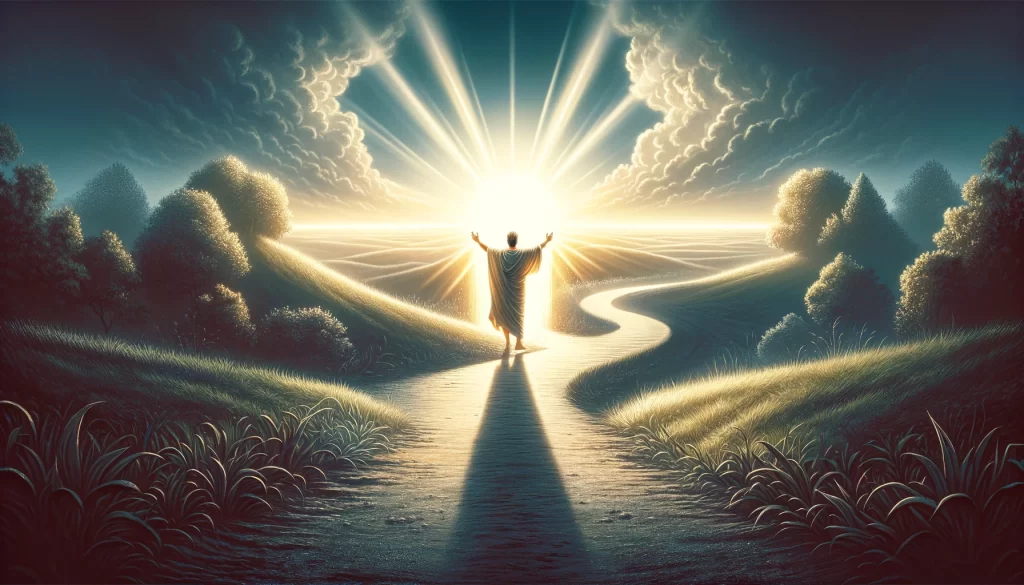 Depict a scene where a person is turning back towards a radiant light.