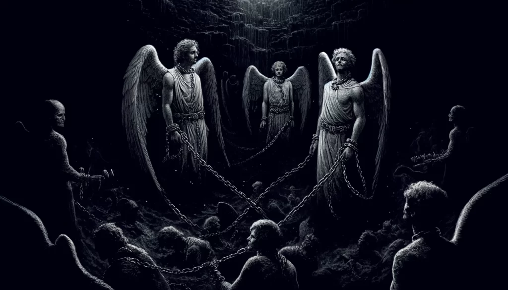 Fallen angels in eternal chains, depicted in a dark, shadowy abyss.