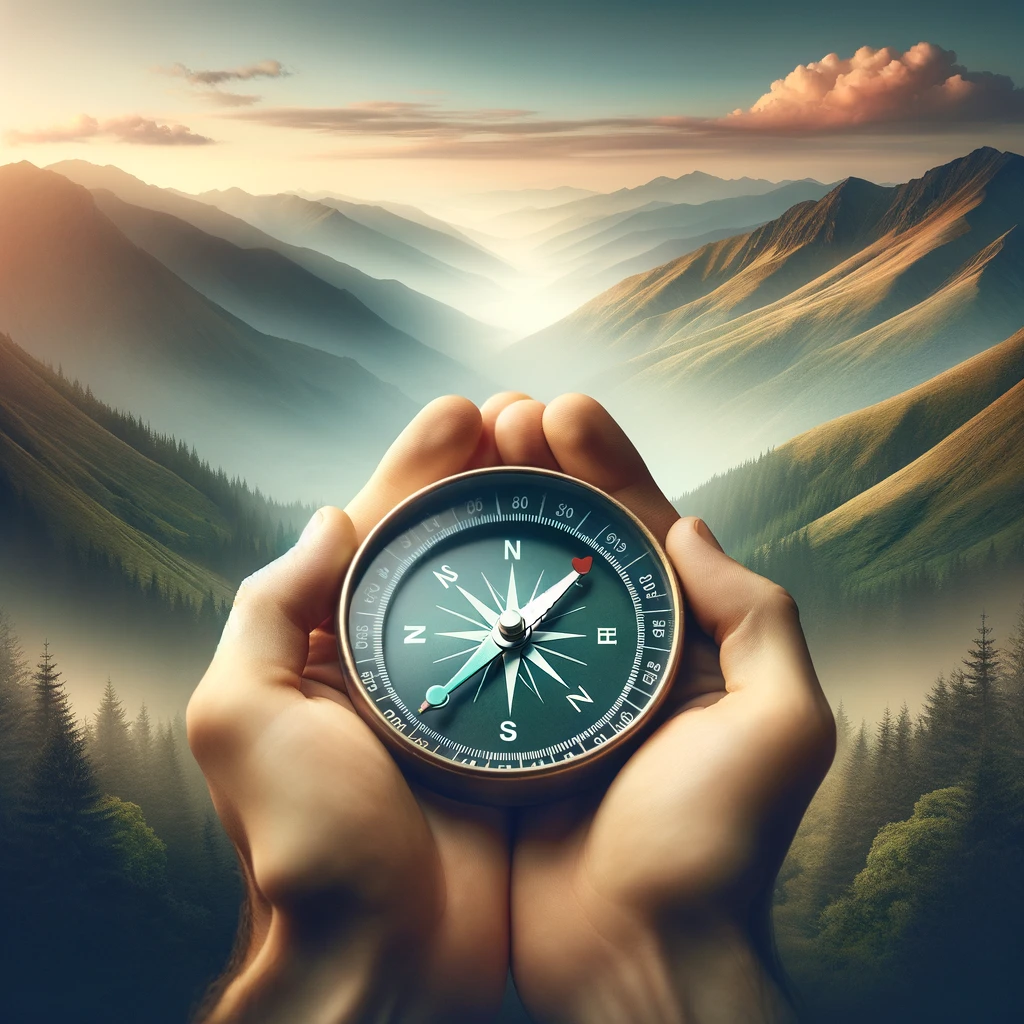 Hands holding a compass with a serene landscape in the background.