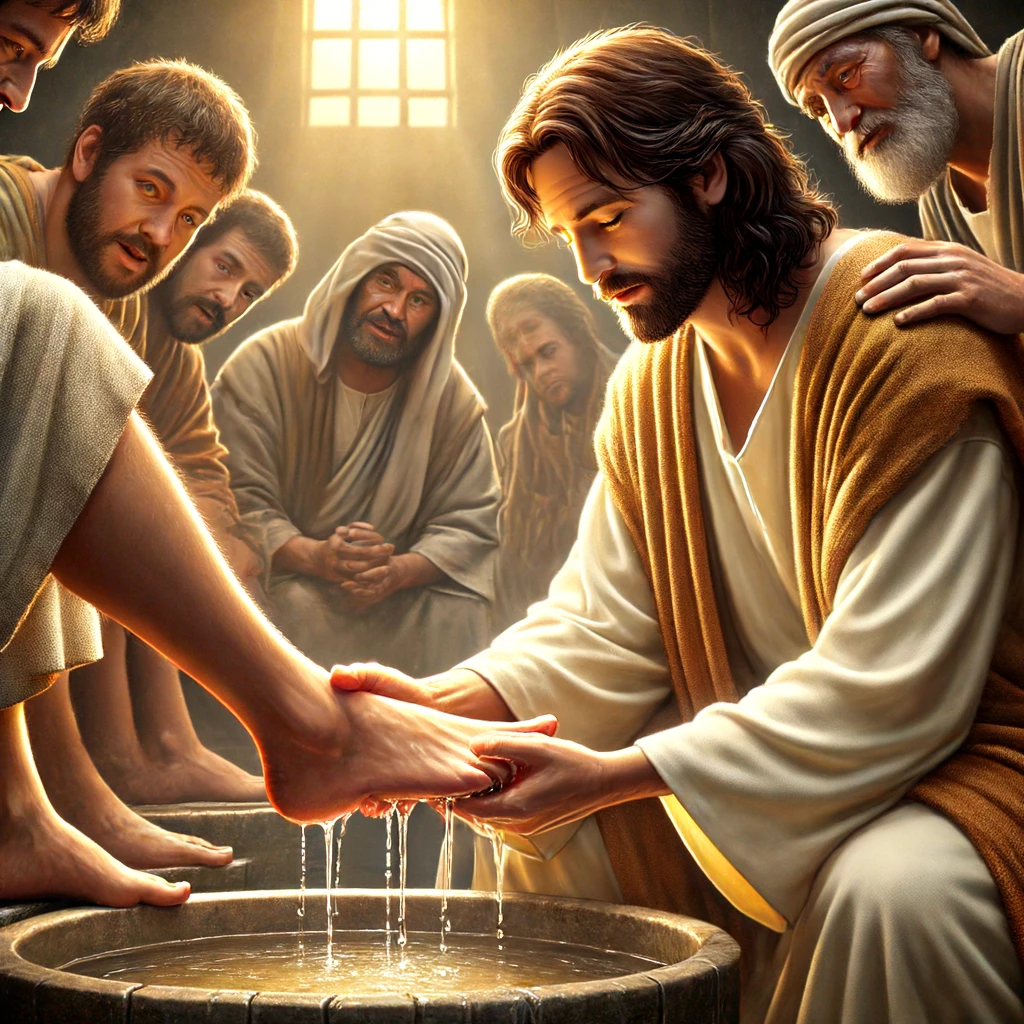 Jesus Christ humbly washing the feet of His disciples, emphasizing servanthood and humility.