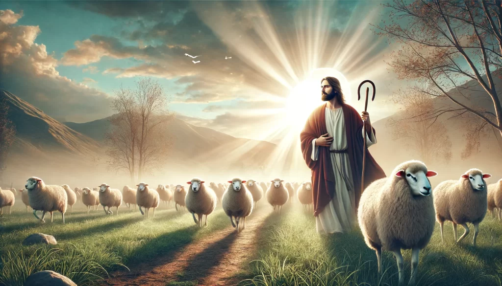 Jesus as a shepherd, surrounded by sheep in a serene pastoral setting.