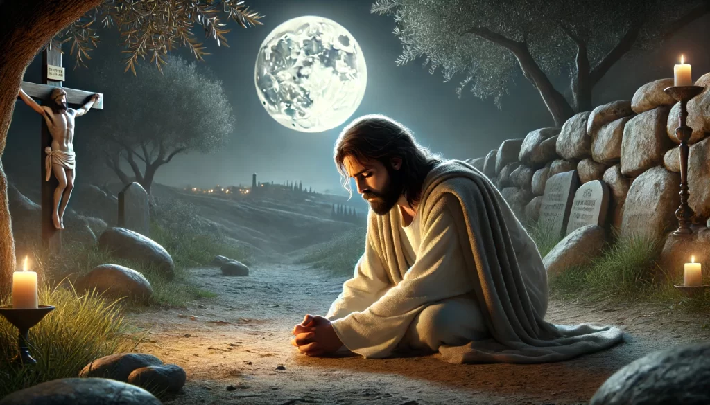 Jesus in the Garden of Gethsemane, kneeling on the ground in deep prayer.