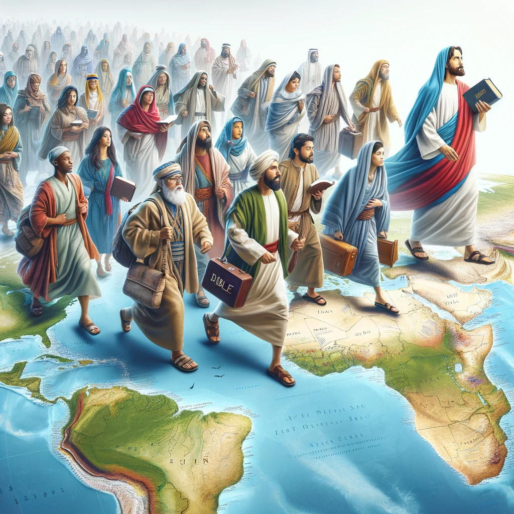 Jesus sending out His disciples to all nations, depicted as a group of diverse people moving across a world map.