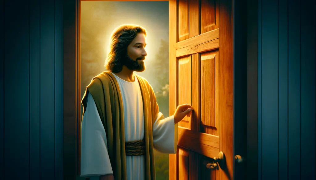 Jesus standing at a wooden door, gently knocking.