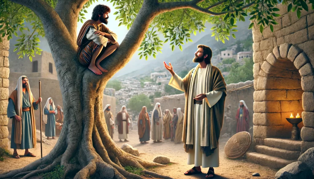 Jesus standing under a sycamore tree, looking up at Zacchaeus who is perched on a branch.