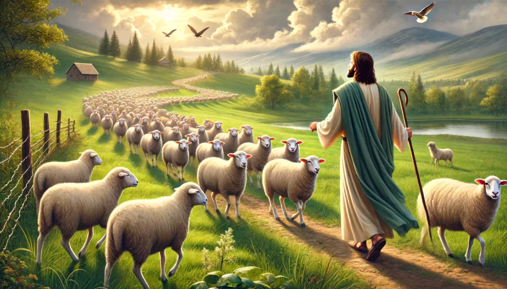 Jesus walking ahead of a flock of sheep, with the sheep attentively following Him.