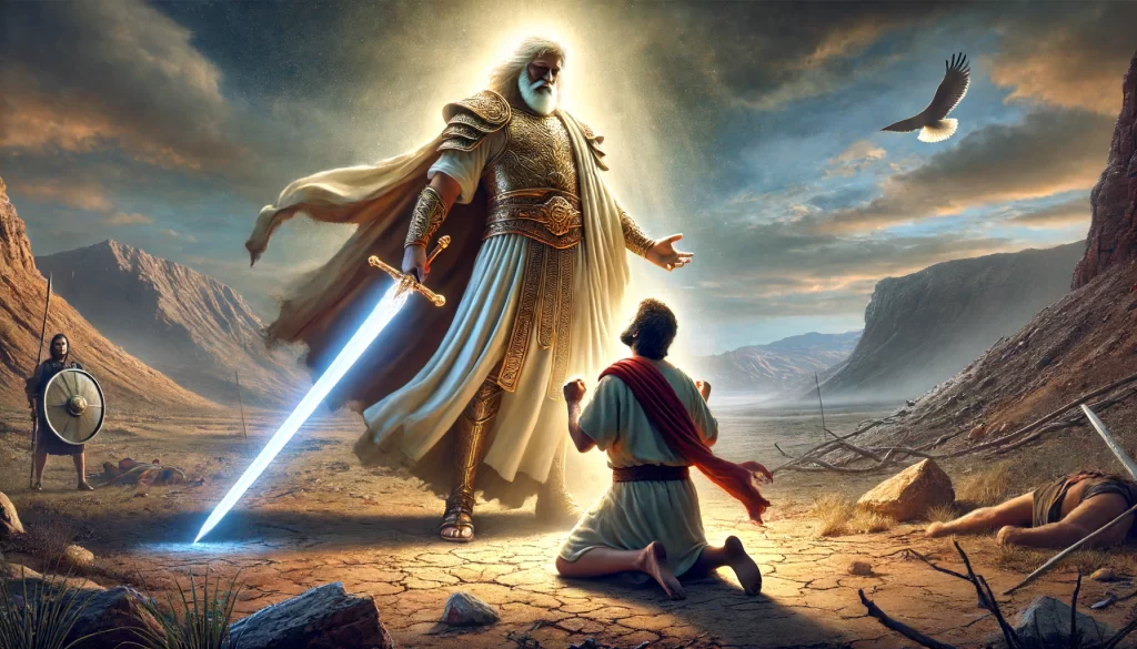 Joshua encountering the commander of the Lord's army near Jericho.