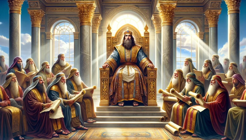 King Solomon sitting on a grand throne in an ornate palace.